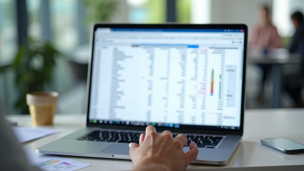 Laptop screen showing financial tracking spreadsheet with monthly progress data and visual charts