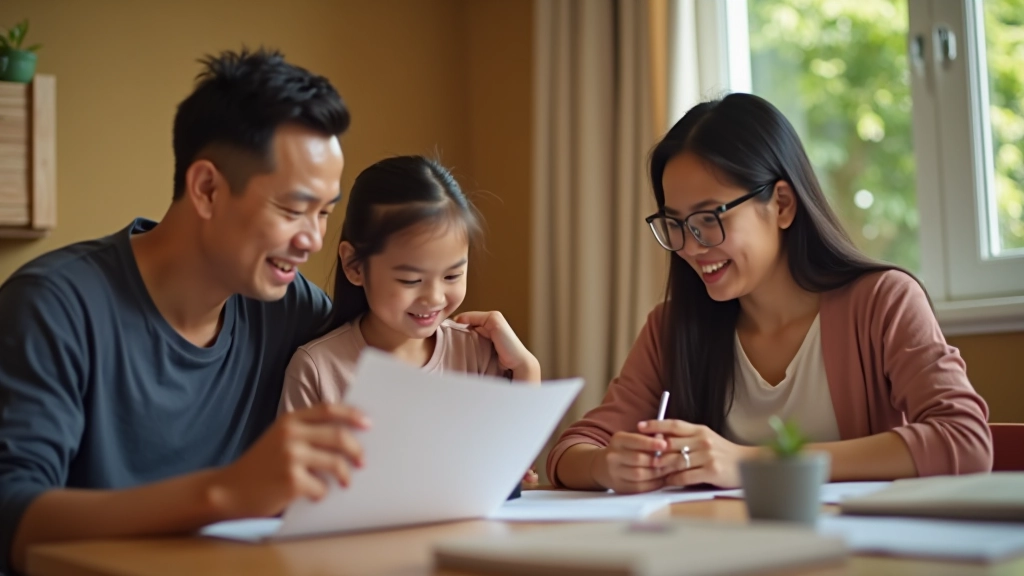 Malaysian family reviewing budget documents at home